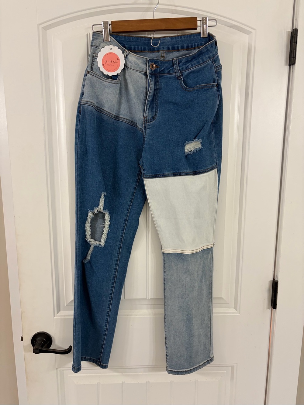 Patchwork Boyfriend Jeans in Multi Blue - Women's Casual Fit